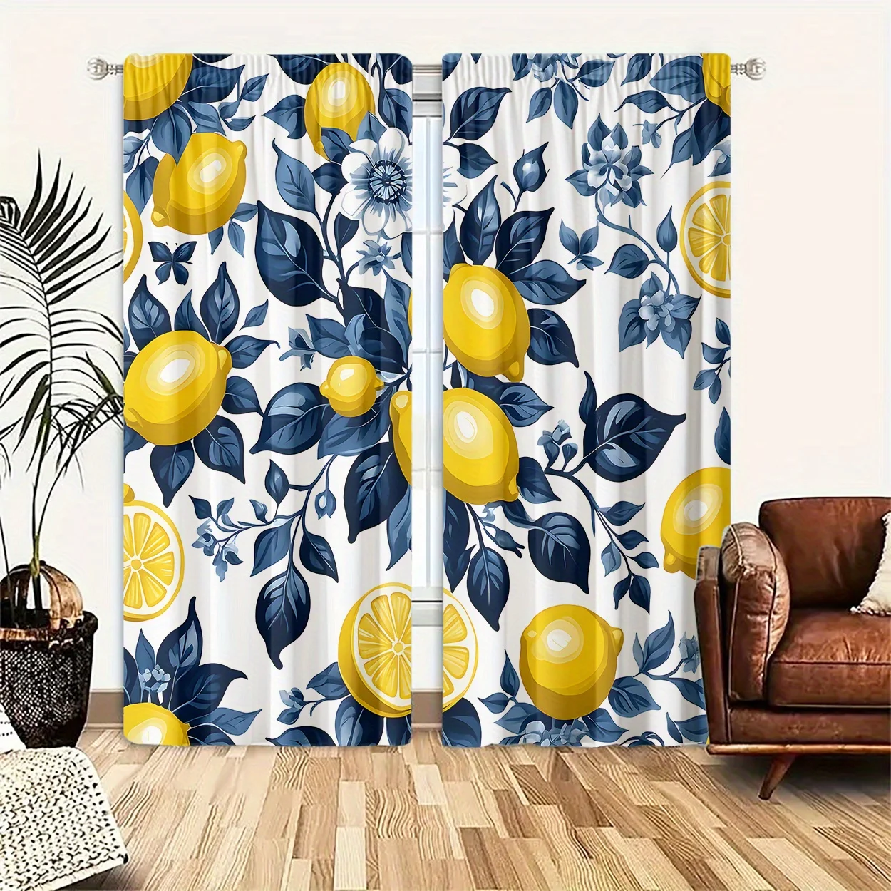 2pcs Lemon Print Curtains Floral Pattern Blue Yellow Contrast Fresh Style Polyester Window Drapes for Kitchen Living Room