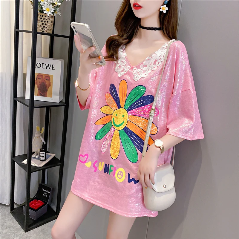 Super Loose Flower Fantasy Color T-Shirt Women's Summer New Korean Style Embroidered Doll Collar Short Sleeve Mid-Length Top