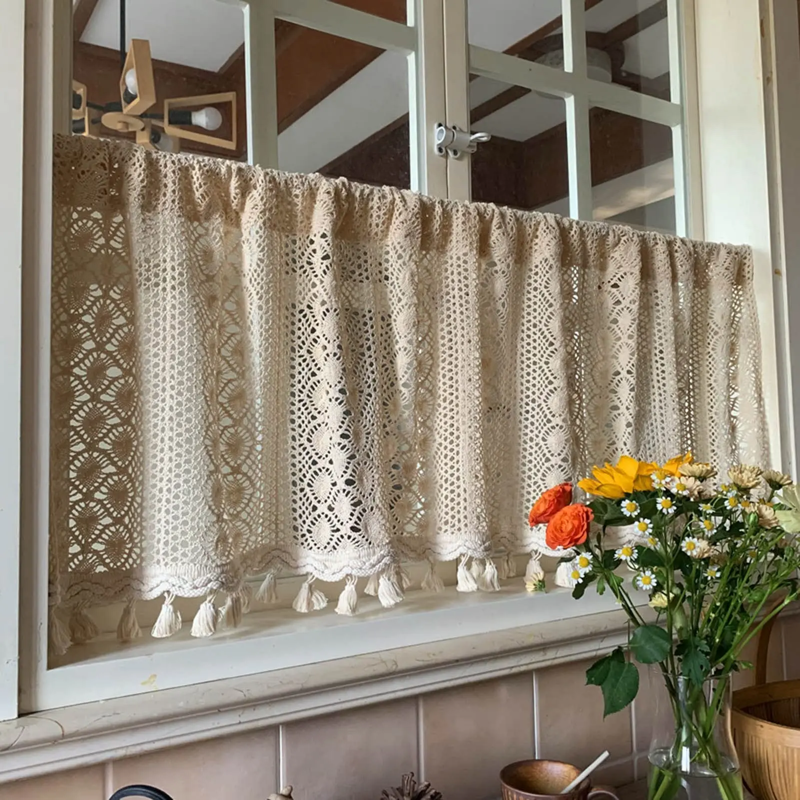 Cafe Curtain Valances for Windows,Crochet Tassel Curtain Valance for Kitchen Bedroom Living Room,Boho Vintage Short