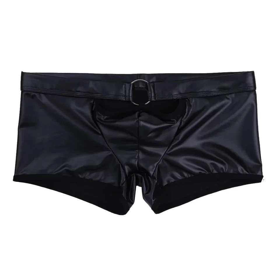 

Mens S-5XL Faux PU Leather Boxers with Metal Ring Convex Pouch Hollow out Trunks Hip Underpants Sexy Soft Leather Sexy Underwear