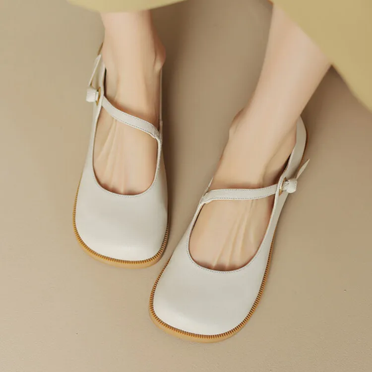 

Beige Cow Leather Women Shallow Flats Vintage Square Toe Casual Moccasins Spring Leisure Ankle Strap Outside Espadrilles Sapatos