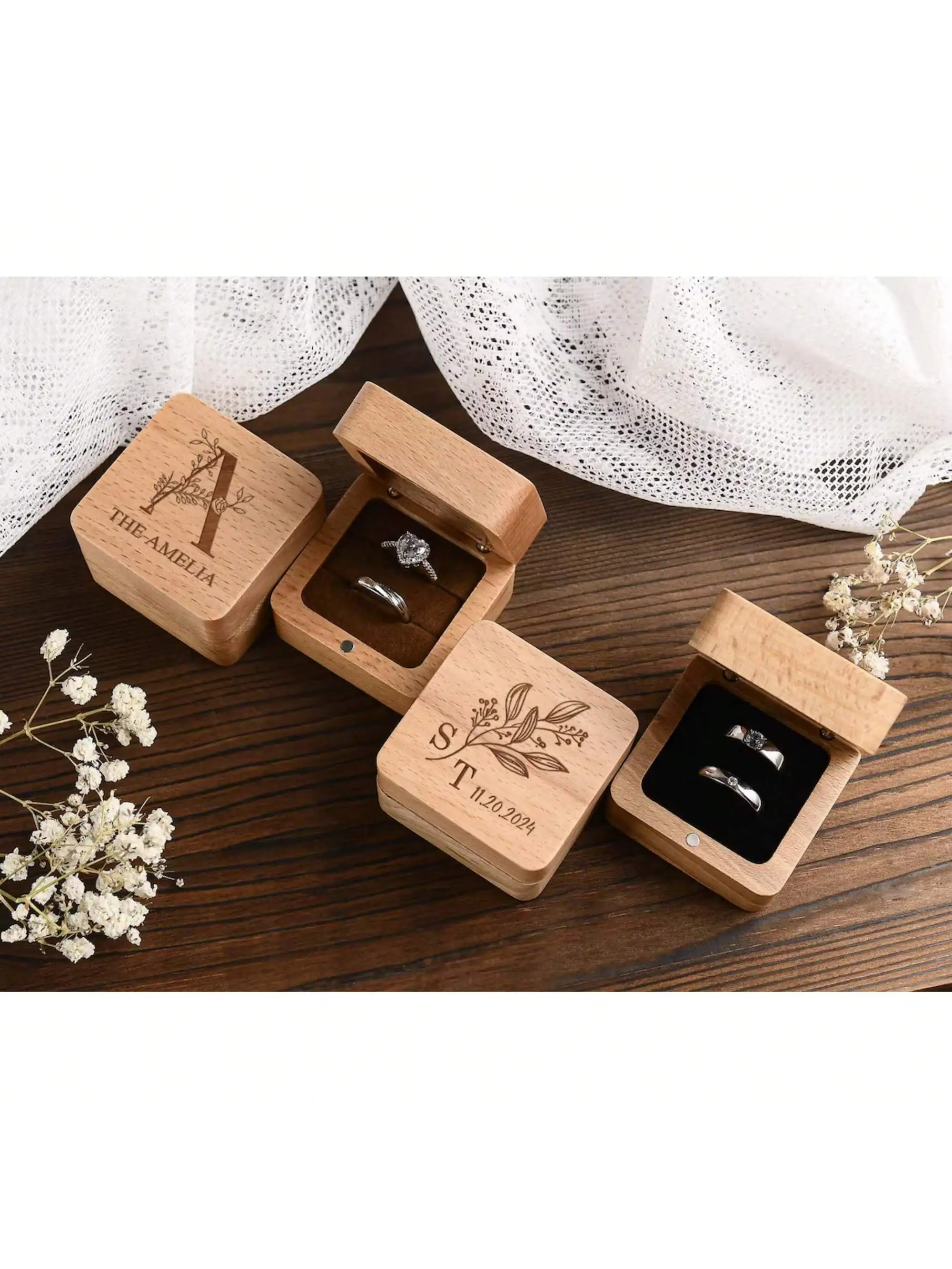 Custom Wooden Wedding Engagement Ring Box, Wedding Ring Box, Personalized Engraved Wood Ring Bearer Box, Square Ring Bearer, Anniversary
