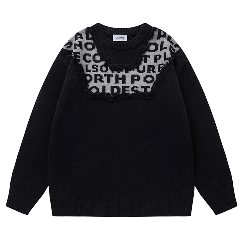 Harakuju Hip Hop Knitted Sweater Patchwork Oversized Casual Pullover Tops For Male Black