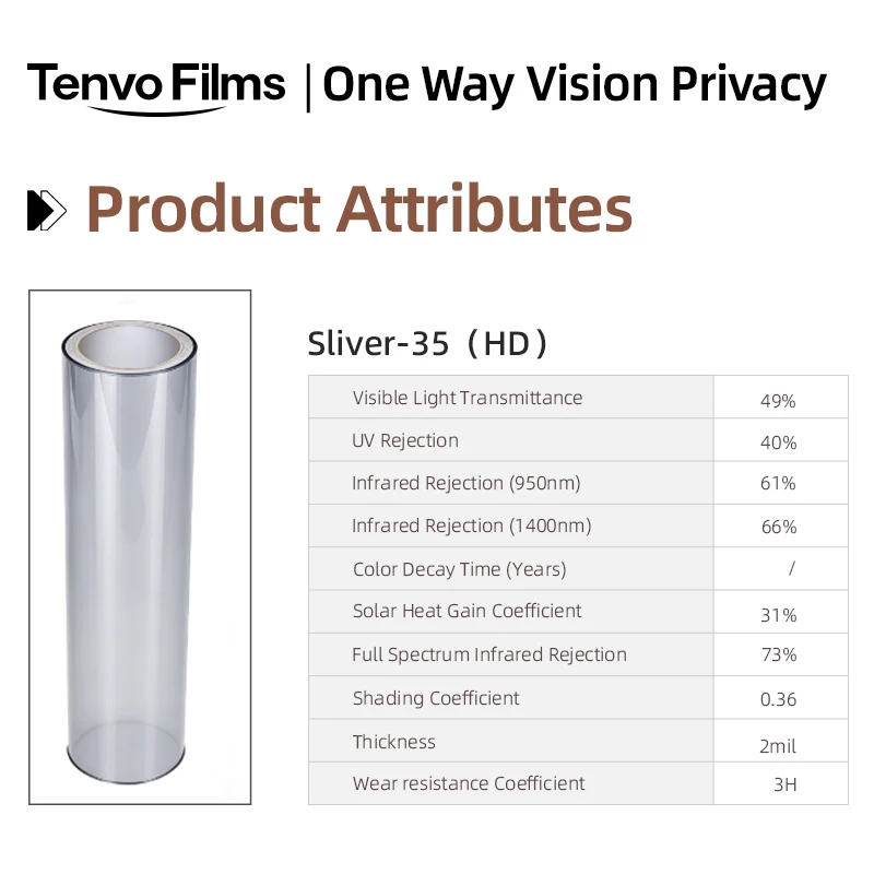 Silver 35 HD PET One Way Vision Window Film Roll Privacy Glass Tint Heat Insulation Anti UV DIY Install For Home Office Car Glas