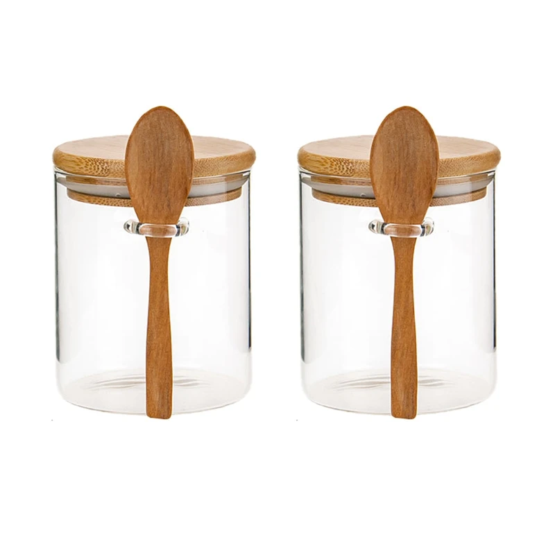 2X Glass Food Airtight Canister Castor Wooden Twist Lid Kitchen Candy Storage Tank Jar Bamboo Food With Wooden Spoon