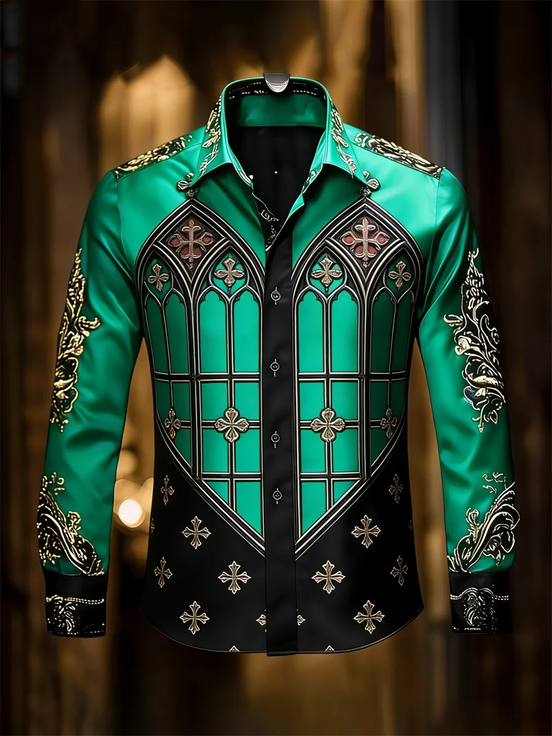 New Khaki Black Contrasting Gothic Church Cross Print Men's Long Sleeved Shirt With Collar And Personalized Shirt