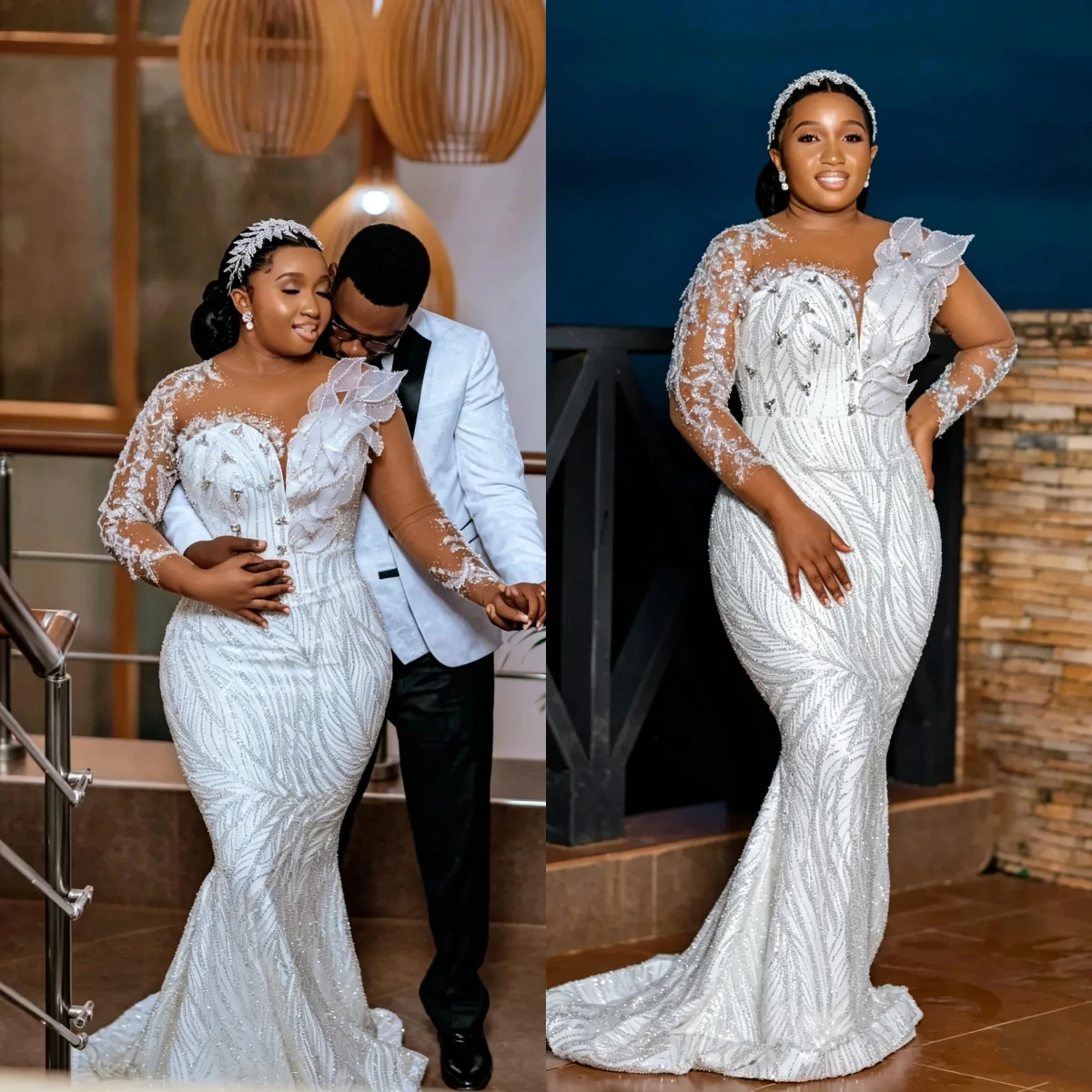Luxury Mermaid Wedding Dresses For African Black Women Long Sleeve 3D Floral Beaded Bridal Dresses Vestidos De Novia Customized