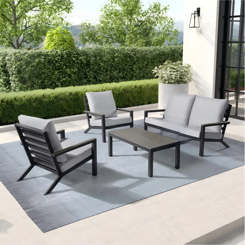 #Modern Outdoor Patio Furniture Set Black Aluminum Frame Light Gray Cushions with Coffee Table for Garden Backyard Poolside