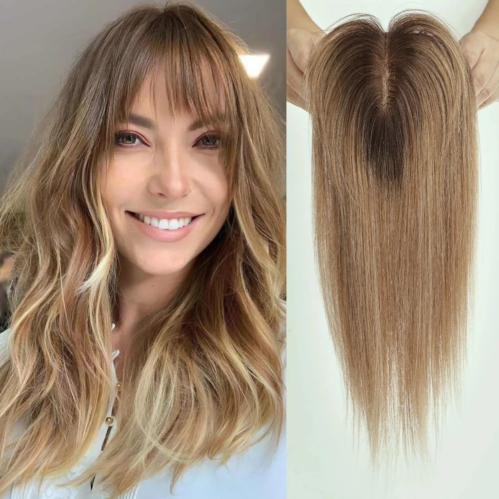 Human Hair Toppers for Women Silk Base Clip in Topper with Bangs Light Brown Real Human Hairpieces Hair Loss Cover 14 Inch