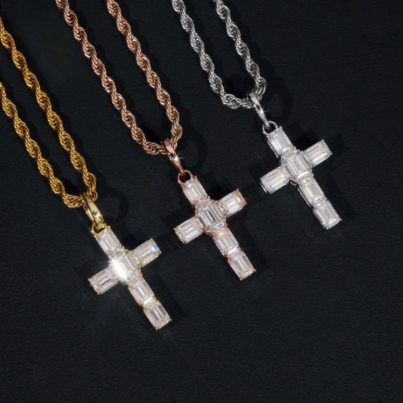 

Emerald Cut D Color Moissanite Cross Pendant 925 Sterling Silver Hiphop Baguette Moissanite Religious Pendant Steel Rope Chain