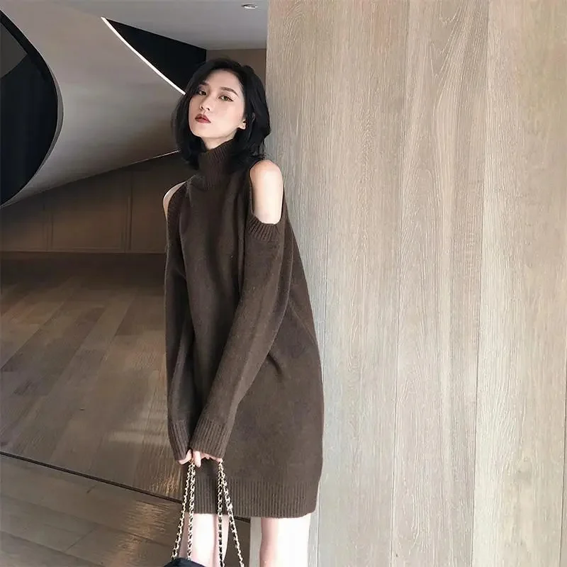 Feminine Fashion High Neck Loose Knitting Women Mid-length Knitted Sweater Ladies Tops Autumn Ladies Off-shoulder Knitwear Dress