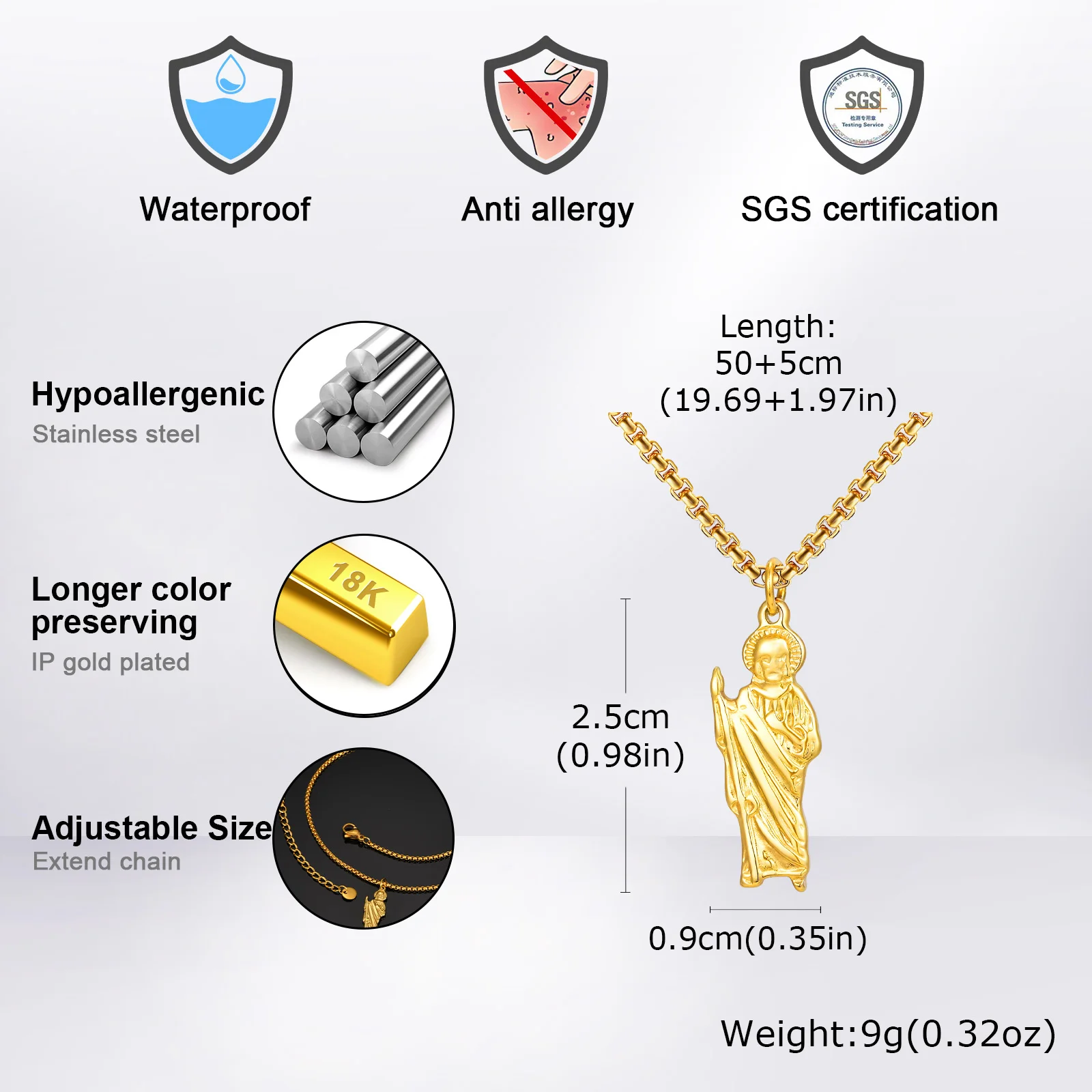 قلادة Vnox أنيقة للجنسين باللون الذهبي من الفولاذ المقاوم للصدأ على شكل سانت جود ‌ ق، قلادة على شكل صندوق قابل للتعديل من الفولاذ المقاوم للصدأ ‌   جديد