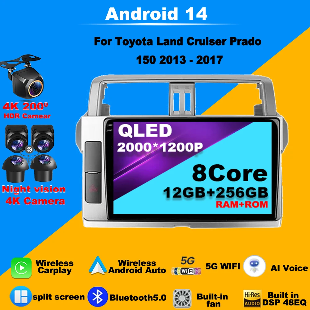 

Android 14 Car Radio GPS Stereo For Toyota Land Cruiser Prado 150 2013-2017 multimedia navigation player DSP Carplay 4G HeadUnit