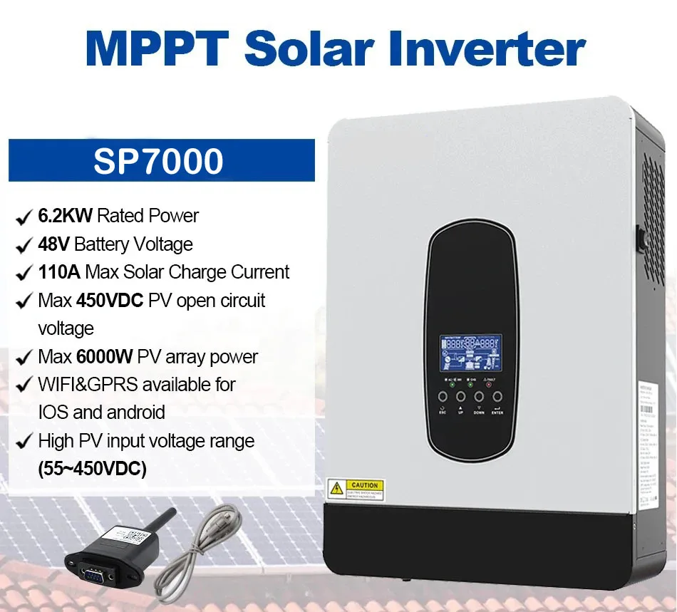 SP7000VA 6.2KW Pure sine wave Hybrid Solar Inverter 48VDC AC220V MPPT 110A Charging Current Max 450V PV Input WIFI Optional