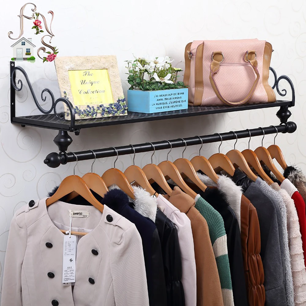 

Clothes Rack with Top Shelf Industrial Pipe Wall Mounted Garment Rack Space-Saving Display Hanging Clothes Rack Heavy Duty