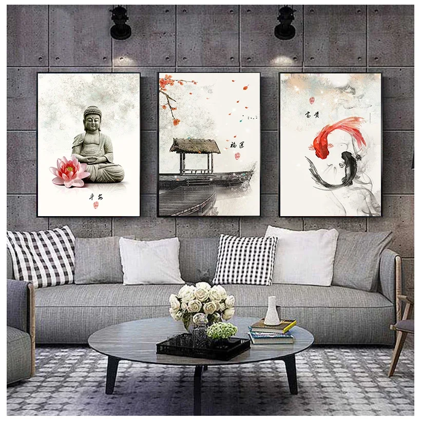 (No frame)Nueva tinta china, flores, Buda, arte de pared, imagen impresa, lienzo, pintura, póster para sala de estar, sin mar