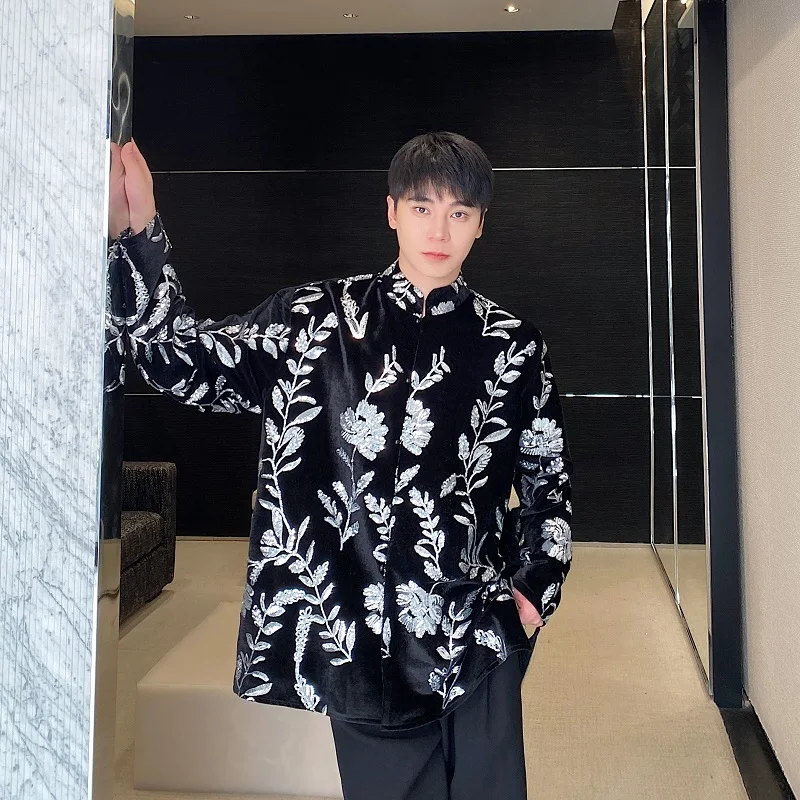 

Ретро-рубашка из бархата с вышивкой и пайетками, с воротником-стойкой, длинными рукавами, в китайском стиле, мужская, повседневная, модная, премиум-класса