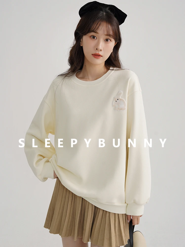 Round Neck Casual And Comfortable Solid Color Hoodie Fall Rabbit Patterned Design Pullover Korean-Style Fashion Women's Coat