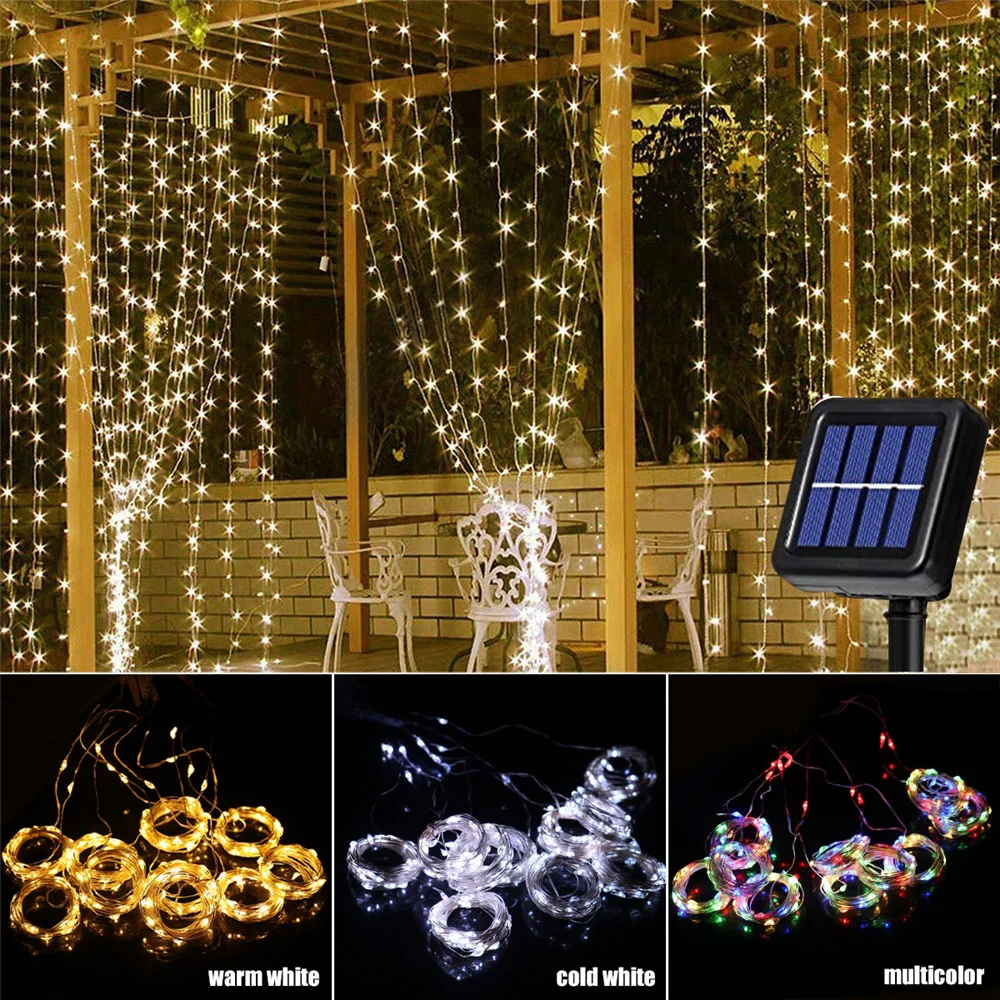 Cortina de luces LED solares para exteriores, guirnalda de luces navideñas impermeable, decoración para patio, jardín y pabellón