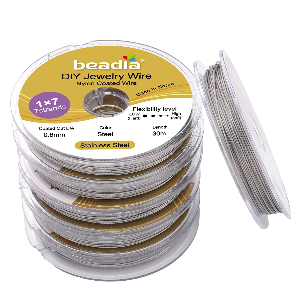 30–50 m/Rolle, 0,3/0,38/0,5/0,6 mm, Rhodium-Goldfarbener Stahldraht, Nylon-beschichteter Perlendraht für Schmuckherstellung, DIY-Armbandzubehör