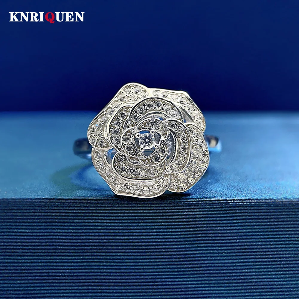 

Romantic 100% 925 Sterling Silver High Carbon Diamond Camellia Ring for Women Charms Wedding Party Fine Jewelry Gift Accessories