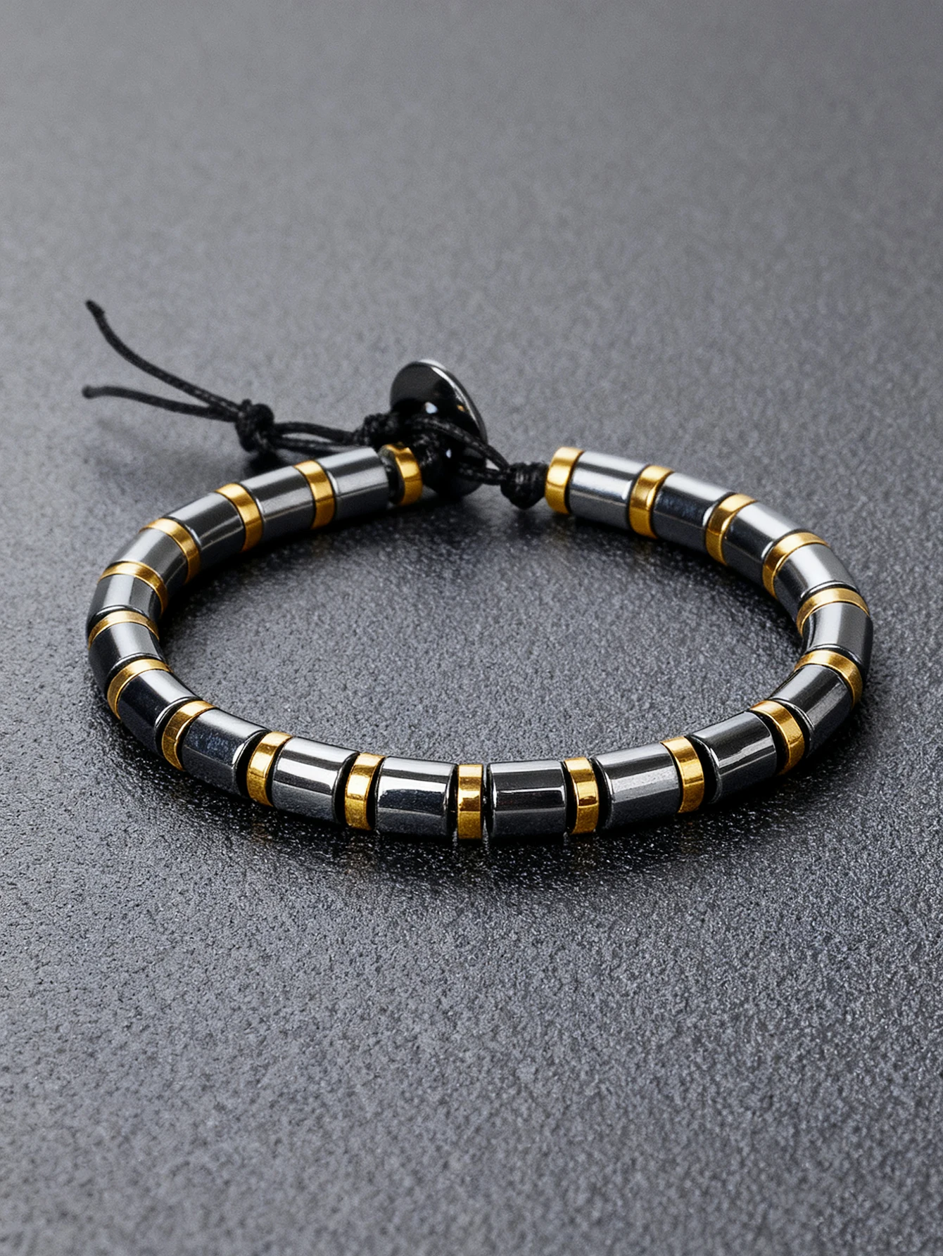 Hematite Stone Bracelet Handmade Woven with Gold color Spacers Cylinder Beads Leather for Energy Protection Reiki Charm Jewelry