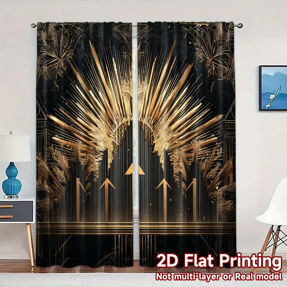 2pcs, 2D FLAT PRINTING Curtains (Without Rod) Golden Radiance Print Modern Curtains Polyester Easy Install Curtains Art Deco