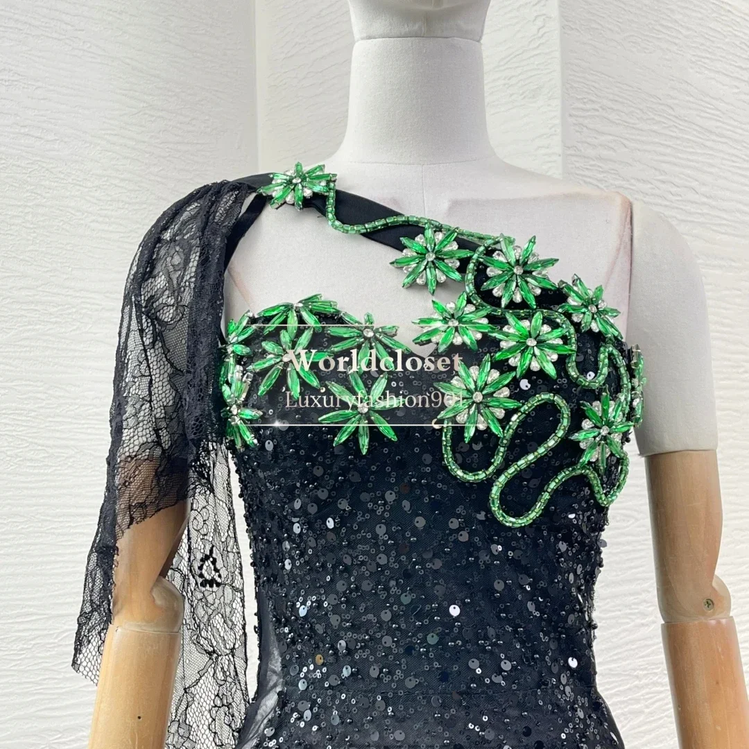 

2025 Women's Fashion Black Off The Shoulder Sleeve Diamonds Beading Sequin Mermaid Fishtail Maxi Dress