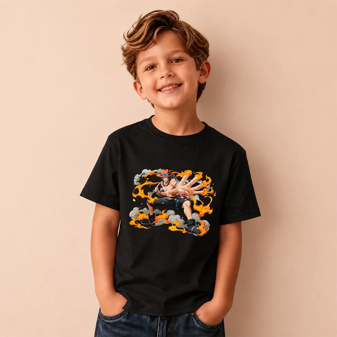 Kids T‑Shirt One Piece Portgas D Ace Flame Battle Print Short Sleeve Casual Tops Boys Girls Anime Children Daily Wear Tees