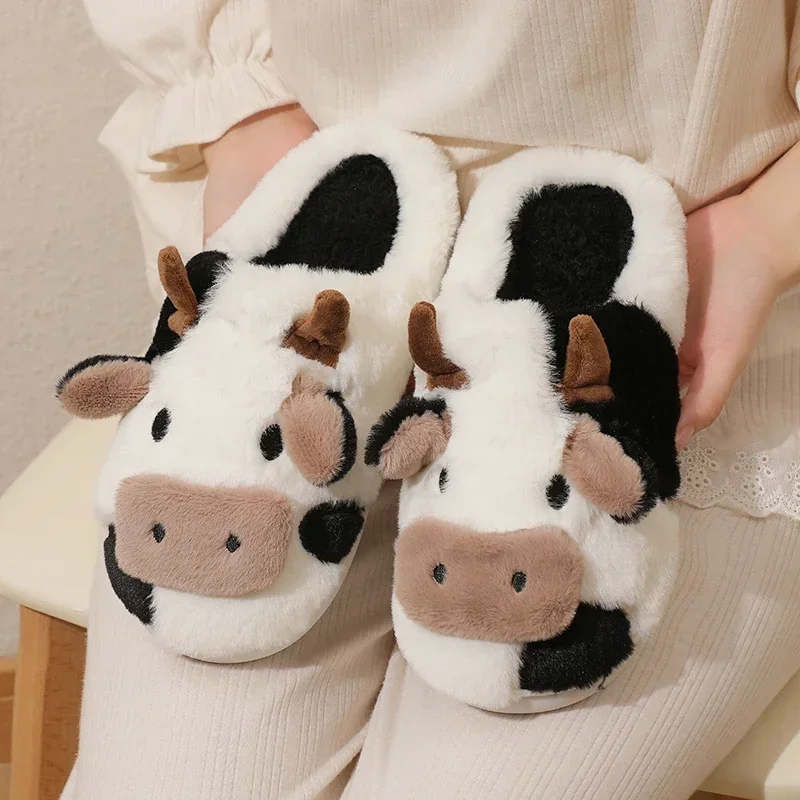 Winter Unisex Family Look Shoes Cartoon Cow Warm Children\'s Plush Slippers For Girls Boys Indoor Non-slip Mule Home Cotton Shoes