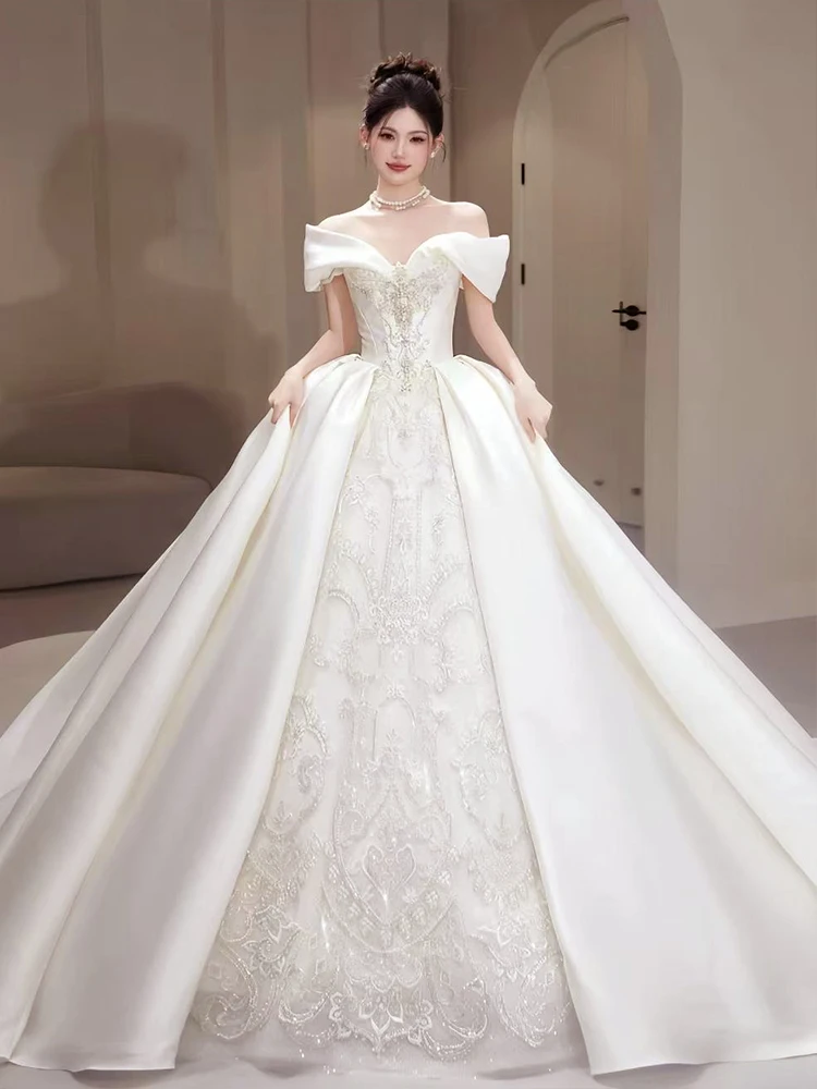 

Heavy Embroidery Satin Wedding Dr One oulder Long Train for Bride Spring Summer New Arrival Korean Sle Wedding Gown