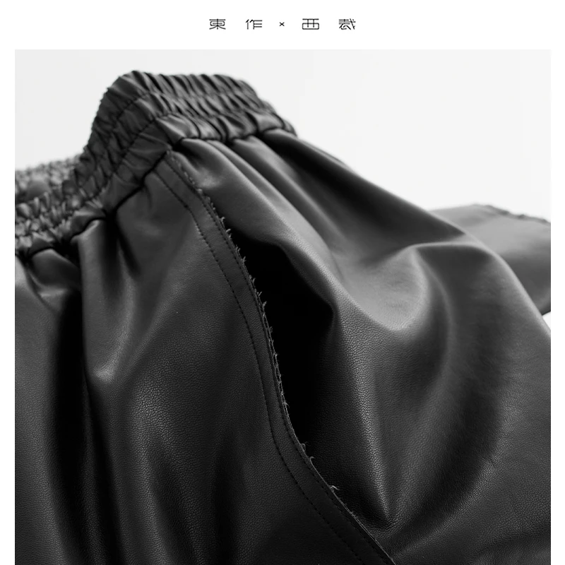 Moeiteloos cool meisje ~ mysterieuze zwarte elastische taille losse pu lederen broek, klassieke veelzijdige broek met rechte pijpen, luie stijl casual broek, nieuw voor herfst en winter 2025