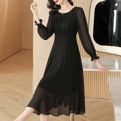 2023 Autumn New Silk Solid Chiffon Long sleeved Dress for Women Loose Fit Large Waist Black Slim Knee Length A-line Dress Robe