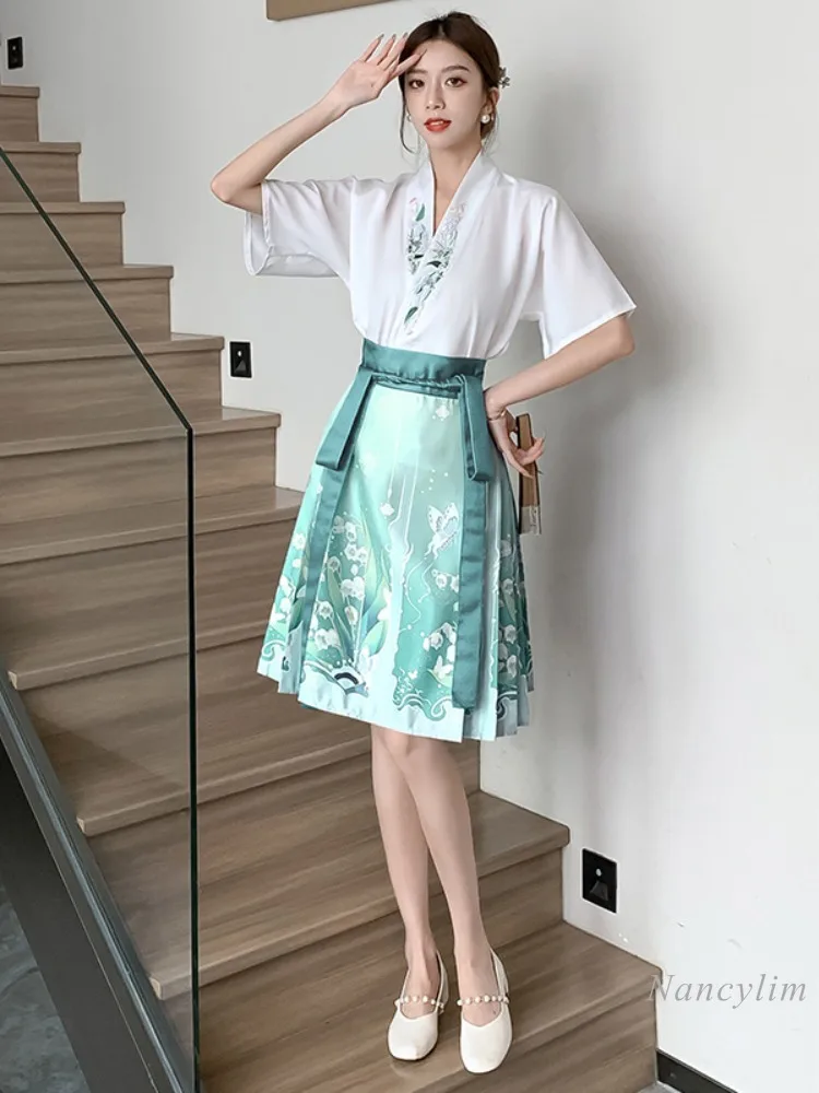 New Chinese Style Horse-Face Skirt Sets Women\'s Summer Thin Suit 2024 New Improved Short Hanfu Chinese Style Blouse and Skirt