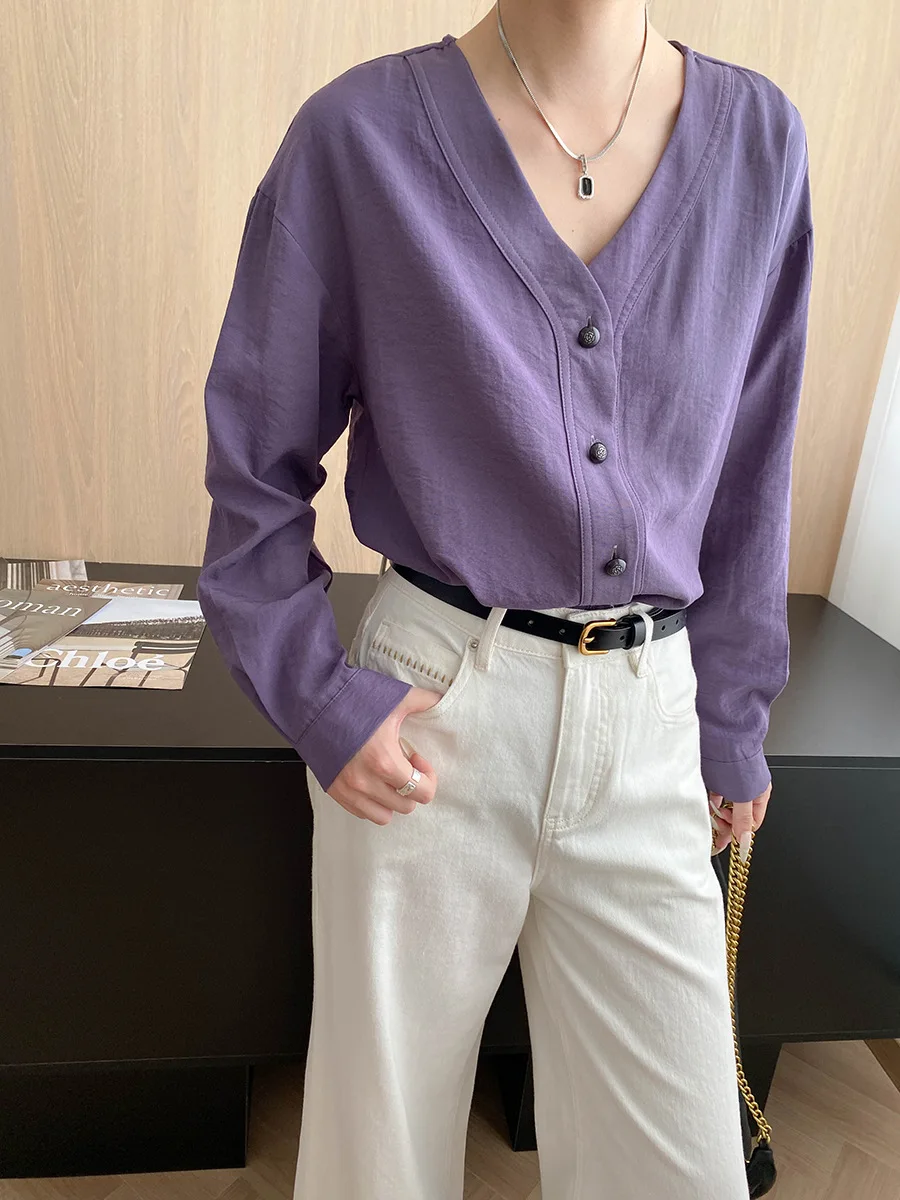 

Женская повседневная однотонная французская темпераментная свободная утягивающая рубашка с v-образным вырезом и длинными рукавами