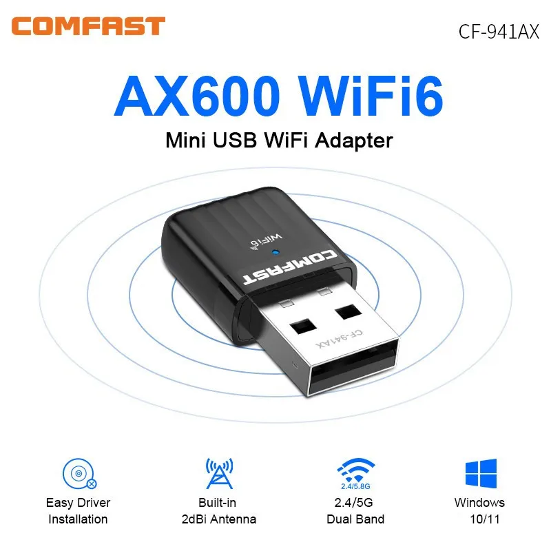 Mini adaptateur USB WiFi 6 pour PC, 5 mesurz, 2dBi, antenne pour PC, clé USB, stérilisation 11ax, carte réseau sans fil, 10/11