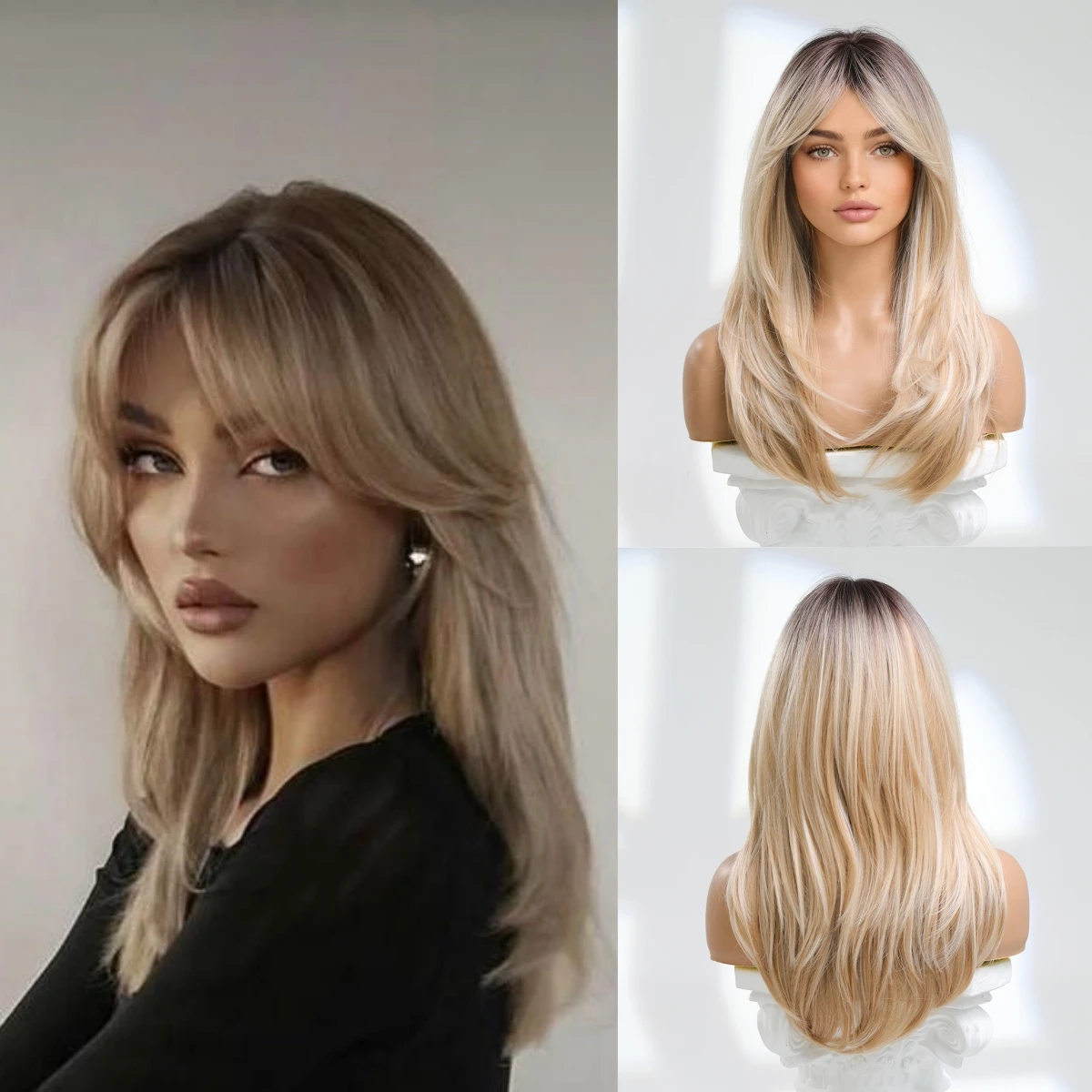 

Blonde Straight Synthetic Wig Shoulder length for Women Natural Layered Fake Hair Wig Daily Party Use Heat Resistant Wigs