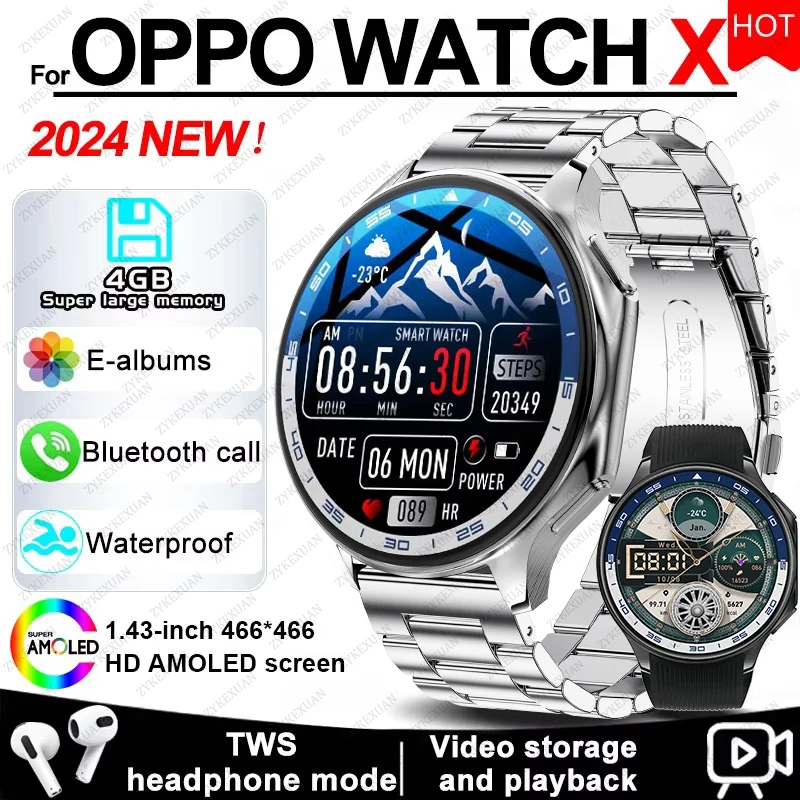 

For OPPO Watch X Smart Watch 4G Memory Music Video Bluetooth Call IP68 Waterproof AMOLED Smartwatch For TWS Earphones 2024 New