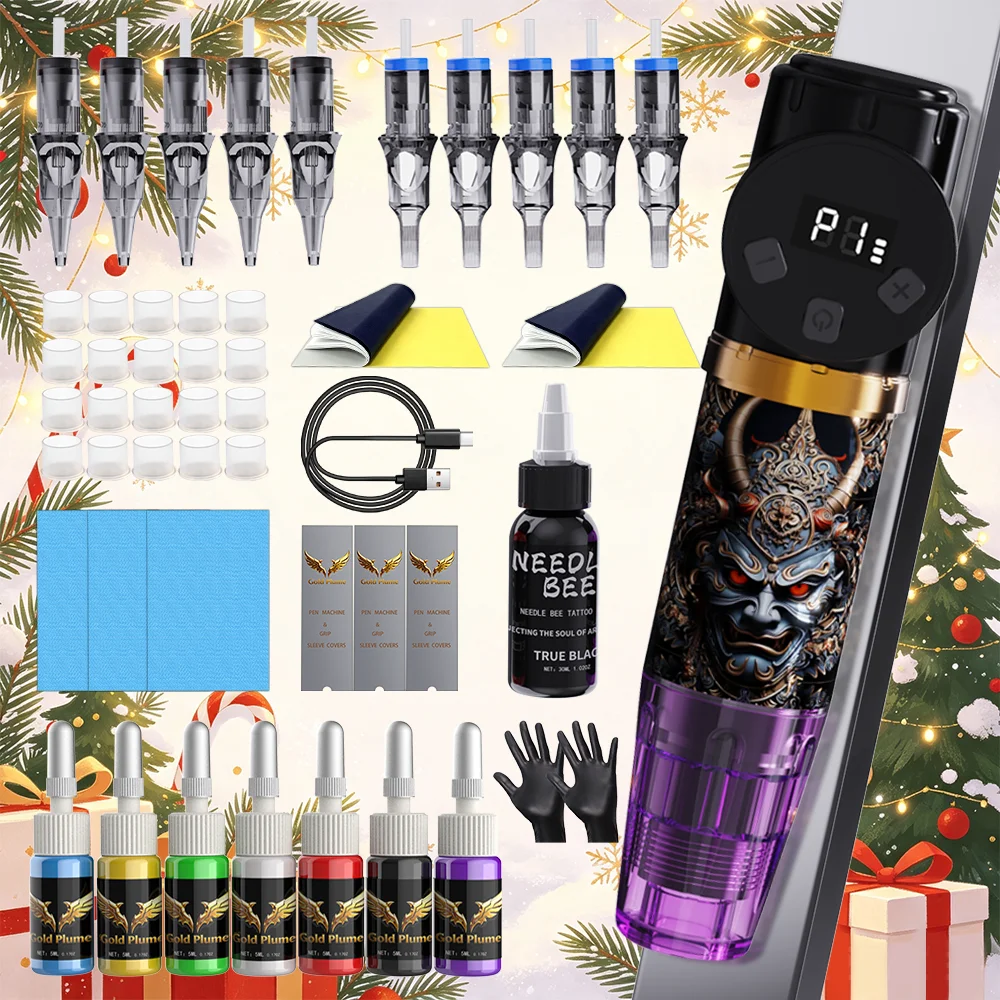 Hannya Mask Cordless Rotary Tattoo Pen Kit Digital Display Complete Tattoo Starter Set