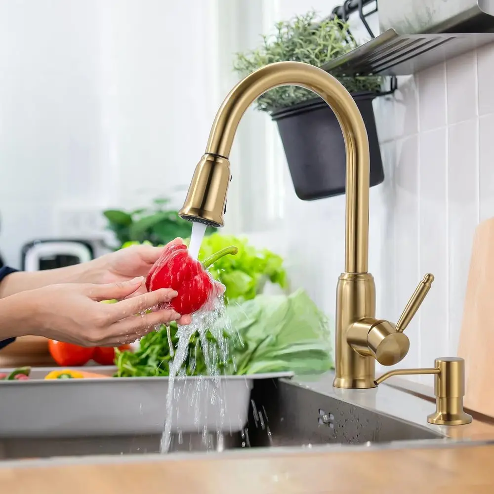 صنبور مطبخ عتيق عالي القوس قابل للسحب للأسفل مع موزع صابون، تركيبات حوض الفولاذ المقاوم للصدأ لتركيب 2 أو 4 فتحات #2