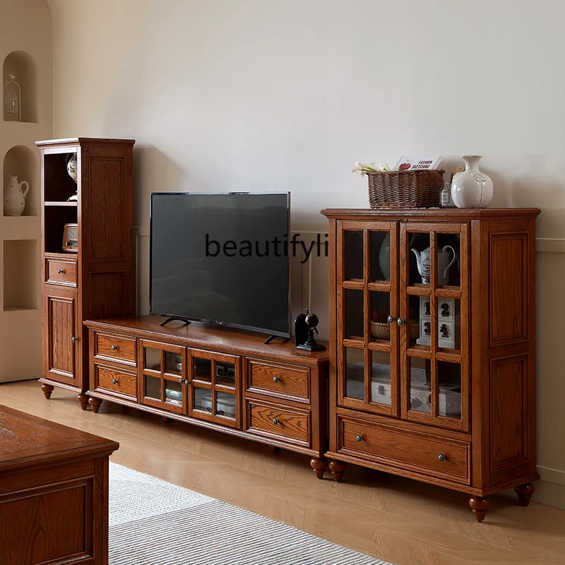 American Retro Wine Cabinet Display Cabinet Living Room Side Cabinet Integrated Solid Wood Lockers with Glass Door