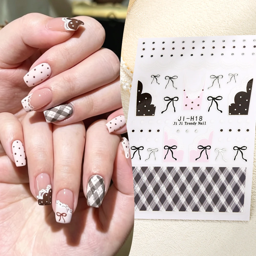 Brown nail stickers featuring a diamond, polka-dot, and bow pattern; French wavy line nail decals; wedding nail art decorations.