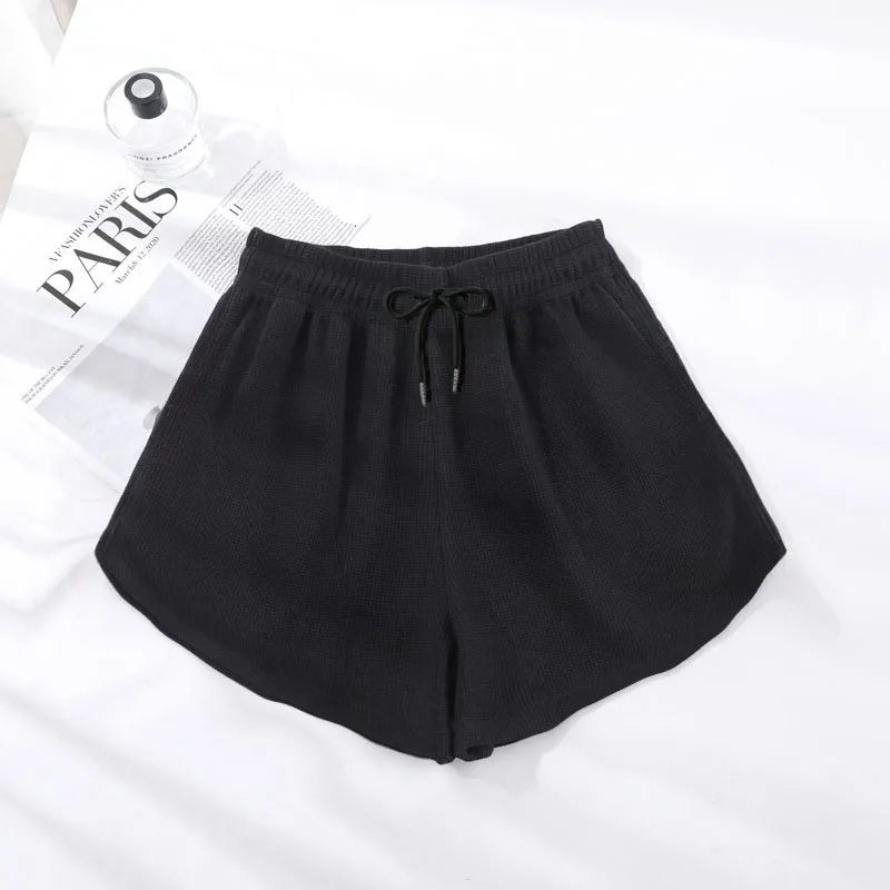 Pantaloncini, completo da migliore amico a vita alta con waffle da donna, sport per studenti, vestibilità ampia, dimagranti, pantaloni casual a gamba larga per la casa