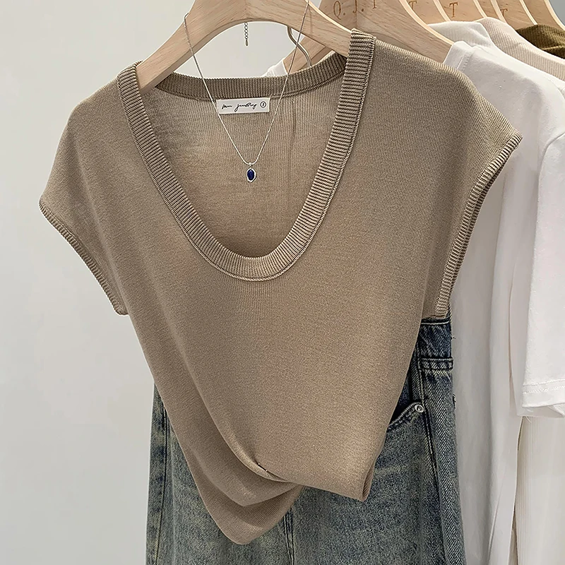 Trendy Solid Color Versatile Tee 2026 Summer U-Neck Knit Women's T-Shirt Slim Fit Cap Sleeve Casual Top