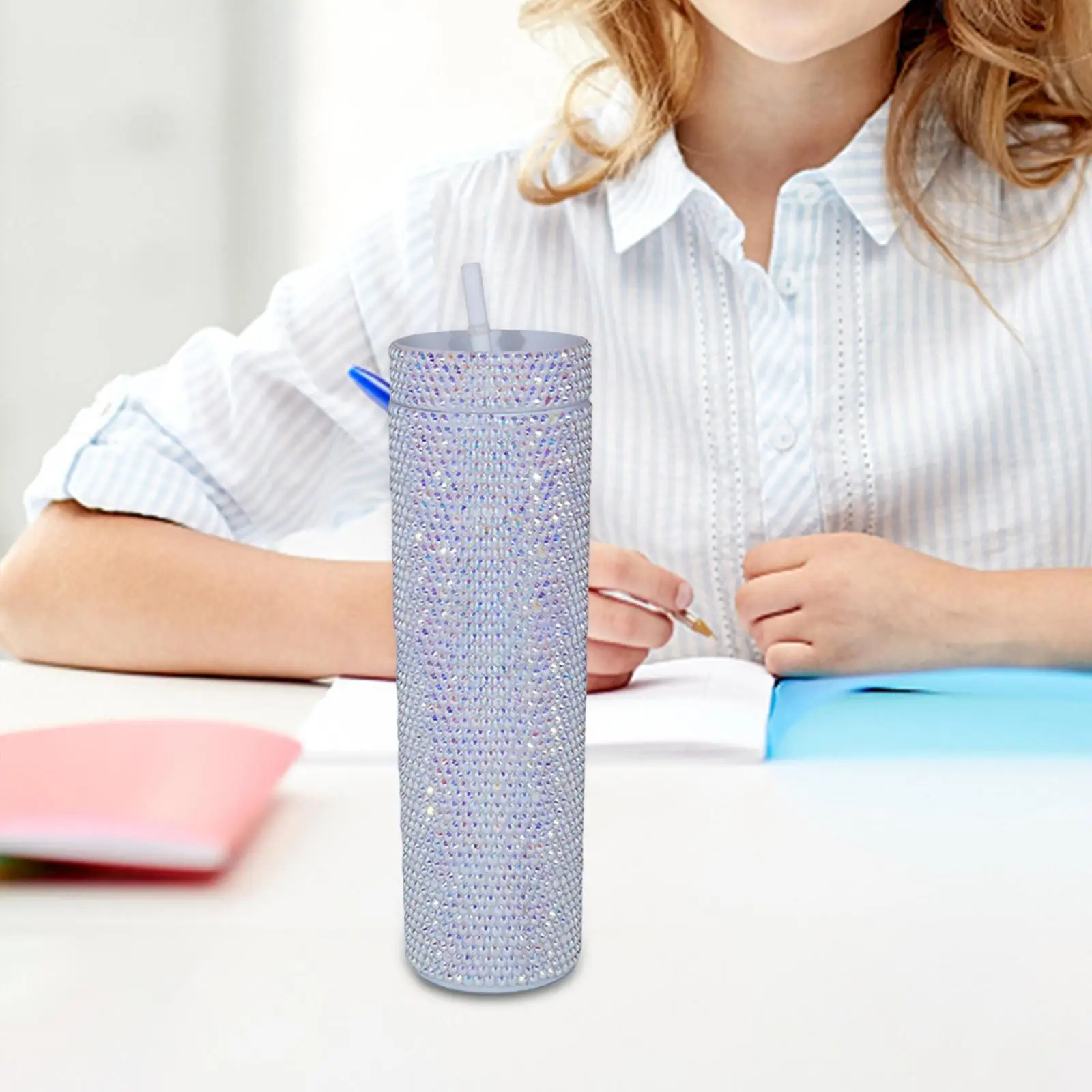 Glitter Crystal Coffee Mug Rhinestone Tumbler 450ml Water Bottle Reusable Plastic Cup with Lid and Straw BPA Free for Cold Brew