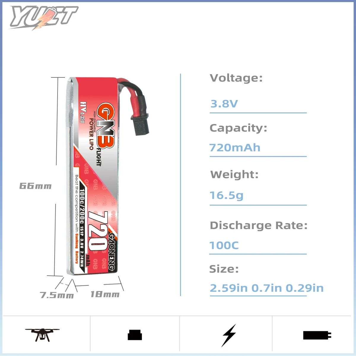 Yuct gnb 1s lipo bateria lihv 3.8v ph2.0 100c/max 200c para minúsculo whoop 3.7v bateria de lítio para fpv drone quadcopter corrida drone