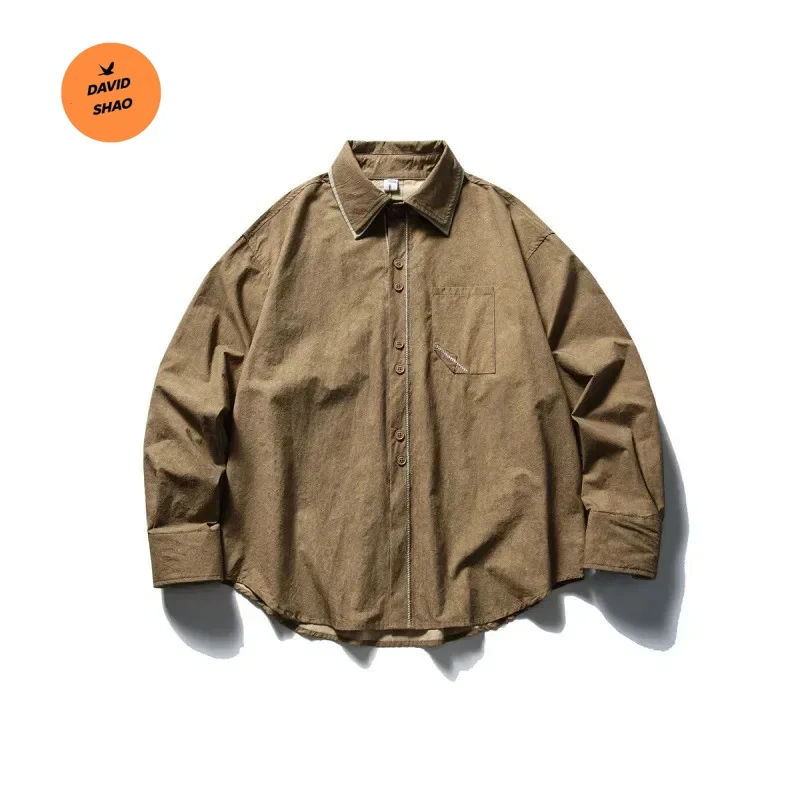 

DAVIDSHAO Уличная одежда высшего качества 2024, осенняя лоскутная рабочая рубашка с отложным воротником, мужская рубашка с длинным рукавом