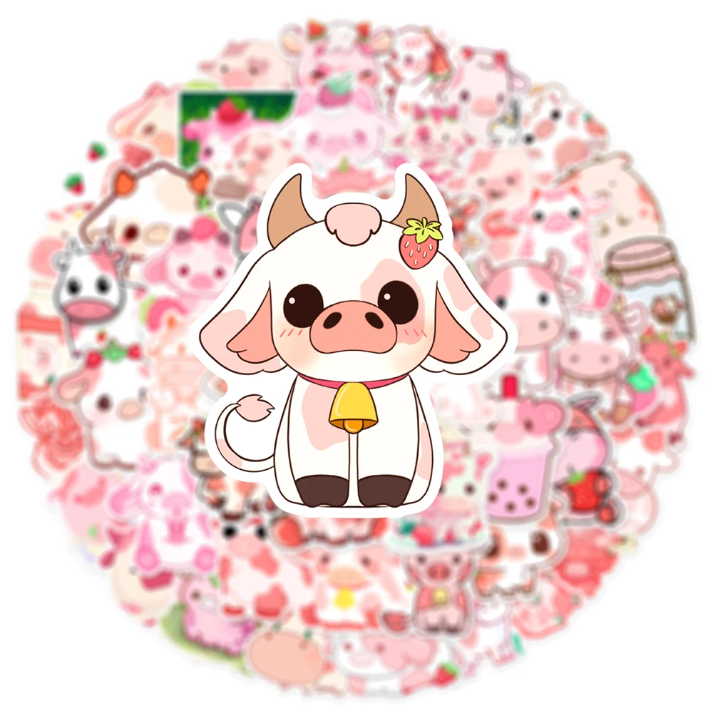 10/50Pcs Cartoon Cute Pink Cow Varied Stickers Pack for Kids Cup Travel Luggage Scrapbooking Notebook Decoration Graffiti Decals