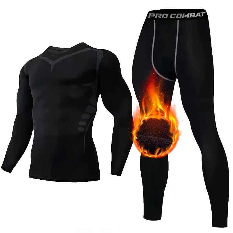 

New 2-pieces Winter Warm Men Underwear Set Fleece Thermal Undershirts Long Johns Compression Tights Fitness Sports Tracksuit Set