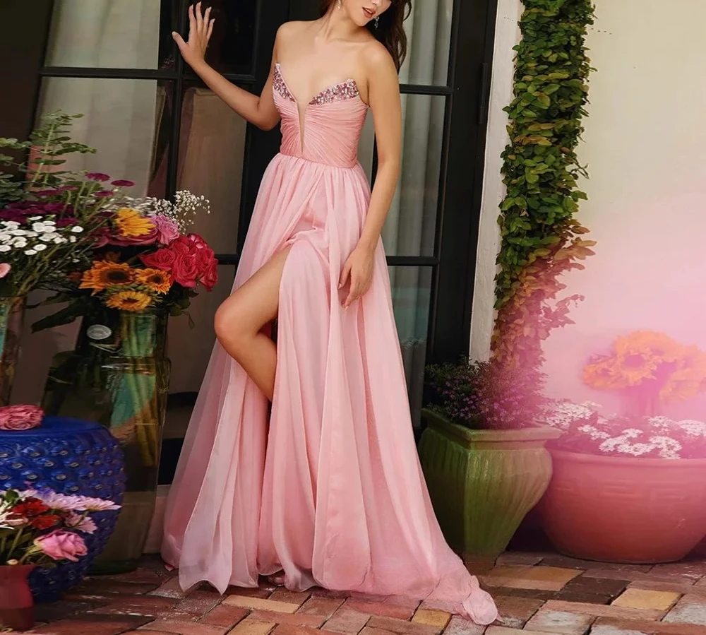 فستان سهرة مخصص مثير عميق الخامس الرقبة بلا أكمام كريستال الديكور الطية سبليت ألف خط قطار الاجتياح فستان حفلات فساتين الحفلات